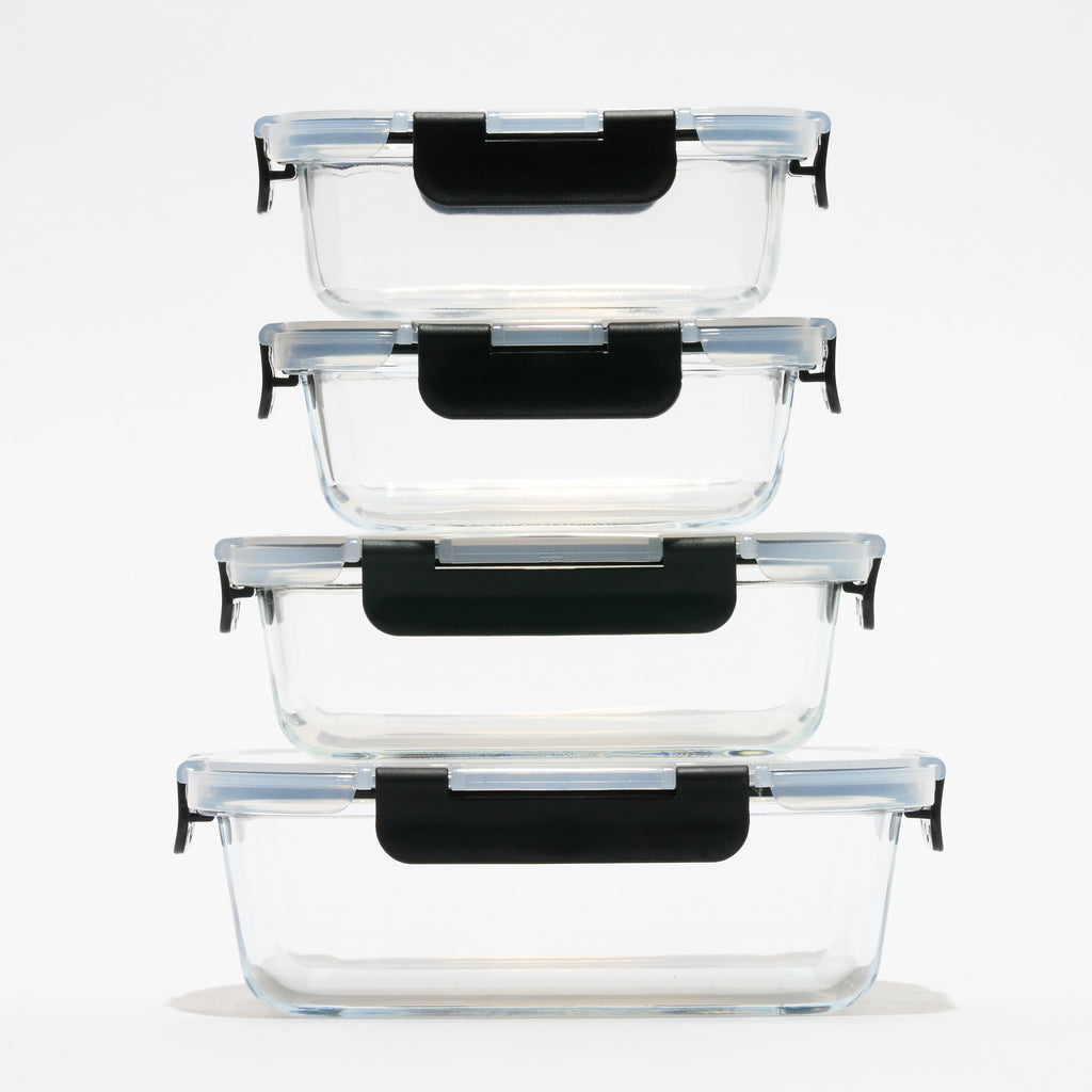 Stack of four empty rectangular Storinity glass storage containers
