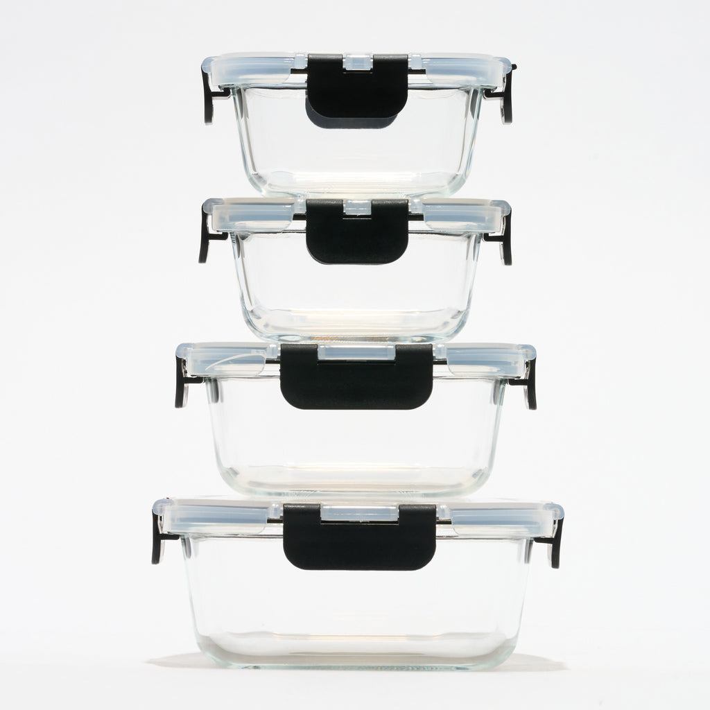 Stack of four empty square Storinity glass storage containers