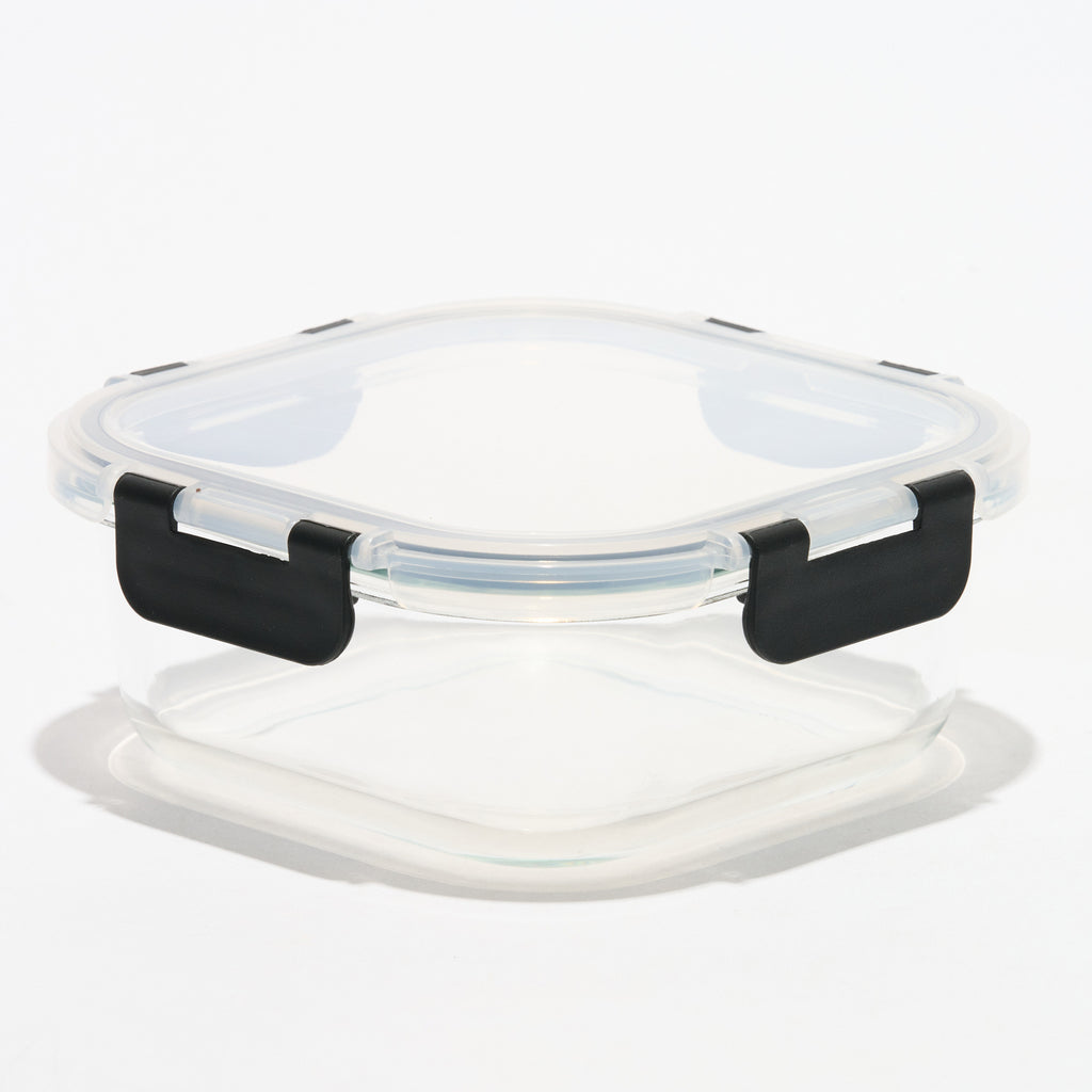Empty square Storinity glass storage container with locking lid closed, side view