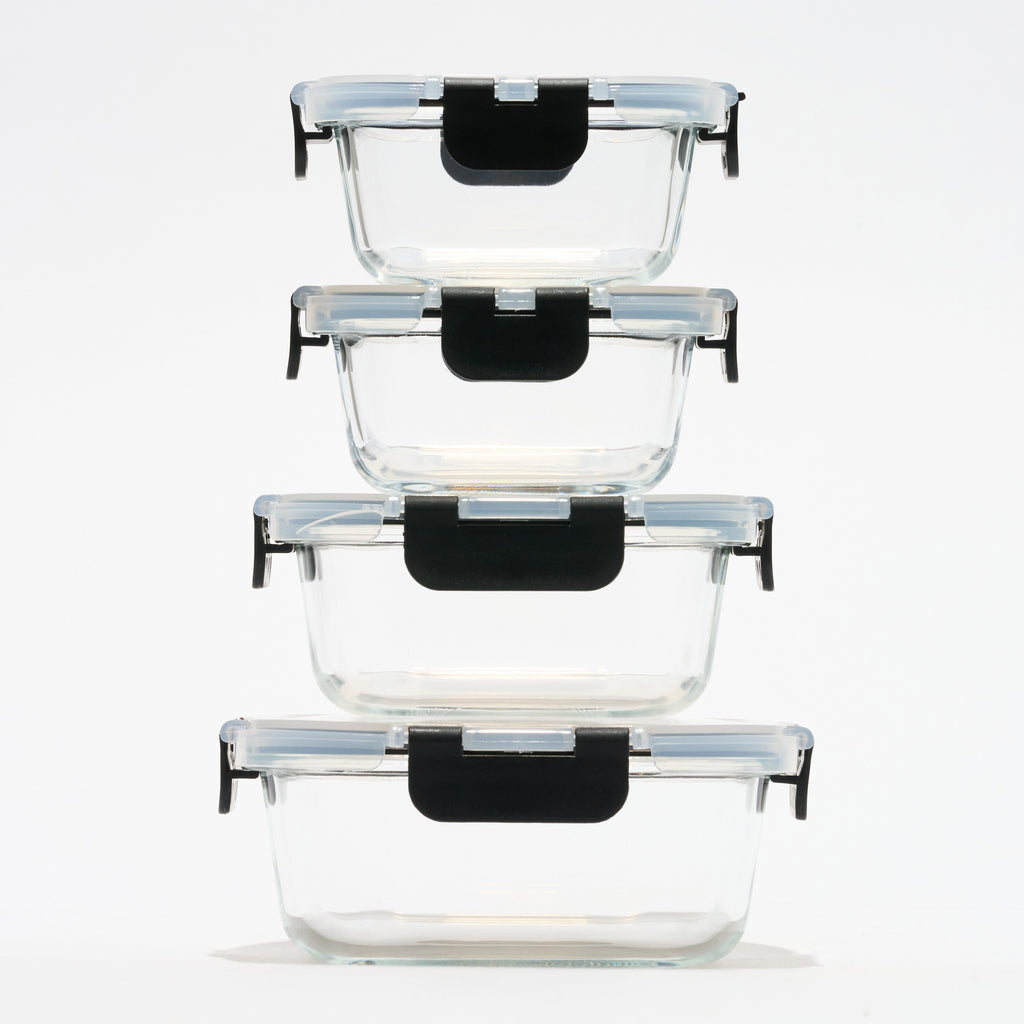 Stack of four empty square Storinity glass storage containers