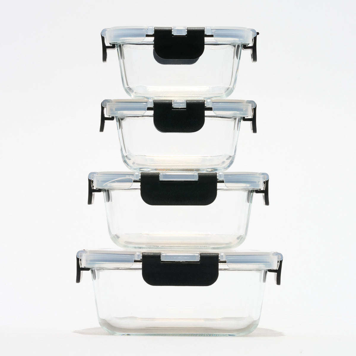 Stack of four empty square Storinity glass storage containers