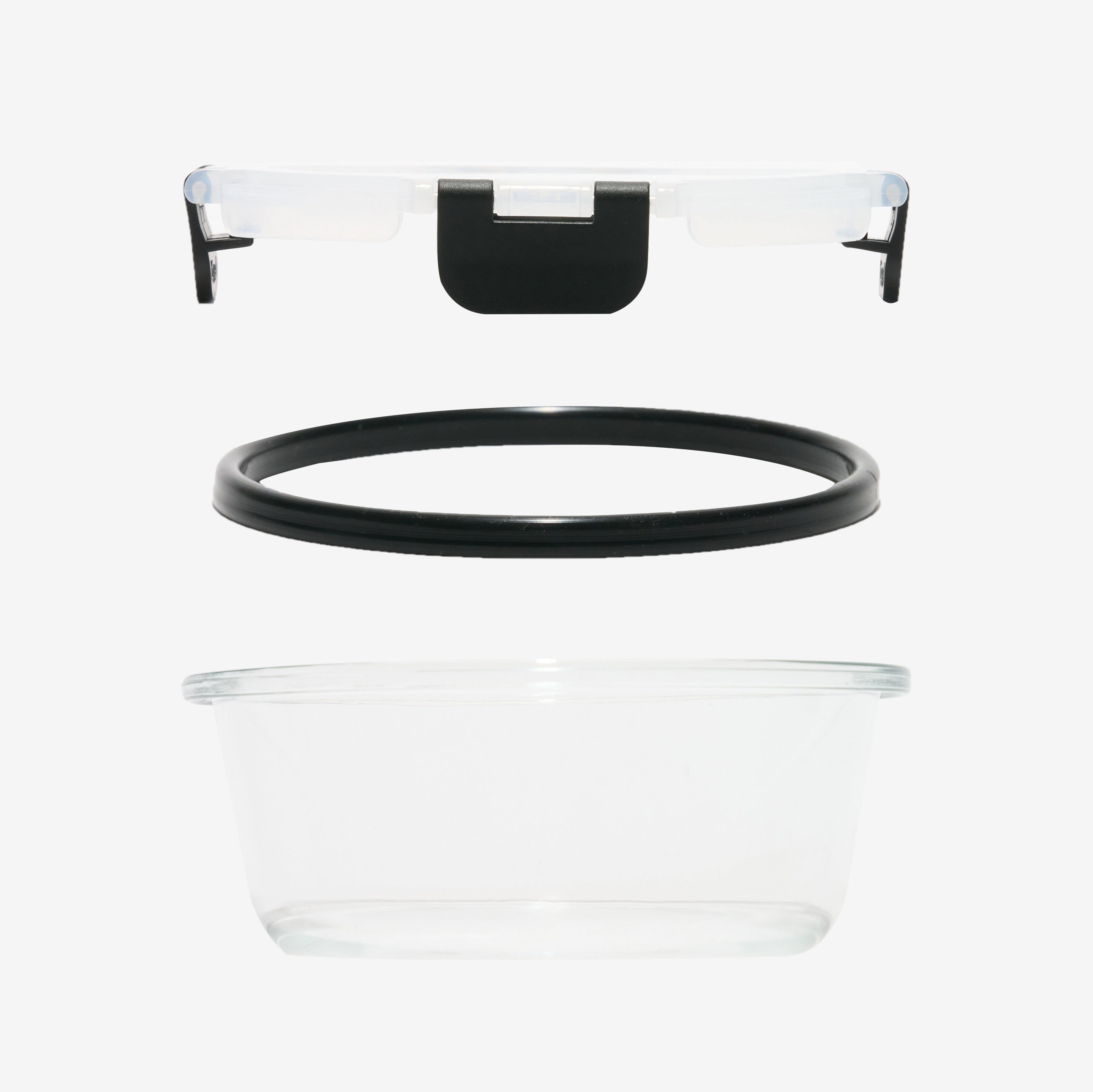 Exploded view of a Storinity glass container's lid, silicone gasket seal and glass base