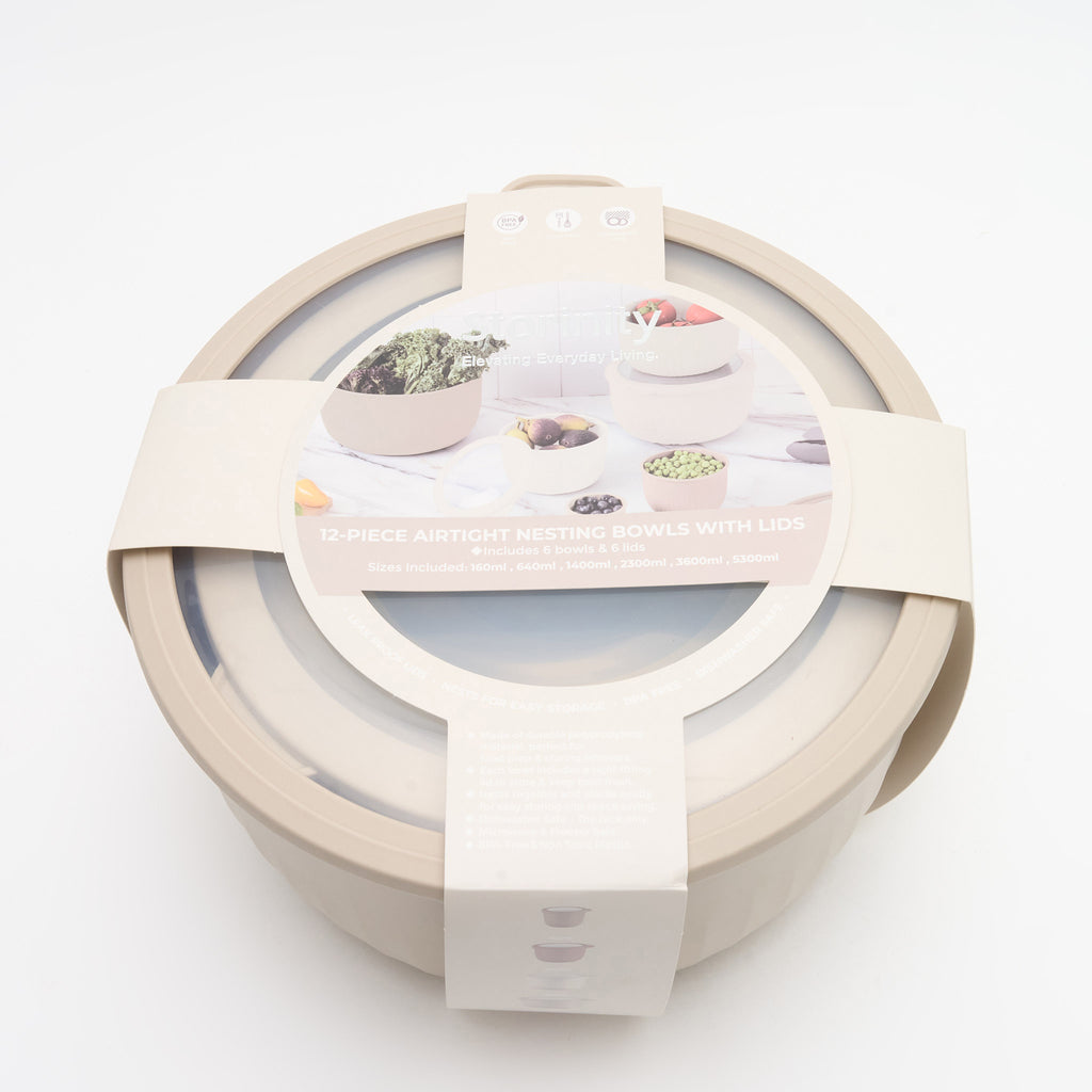 Packaged Storinity 12-Piece Airtight Nesting Bowls with Lids, with product label showing the six included sizes