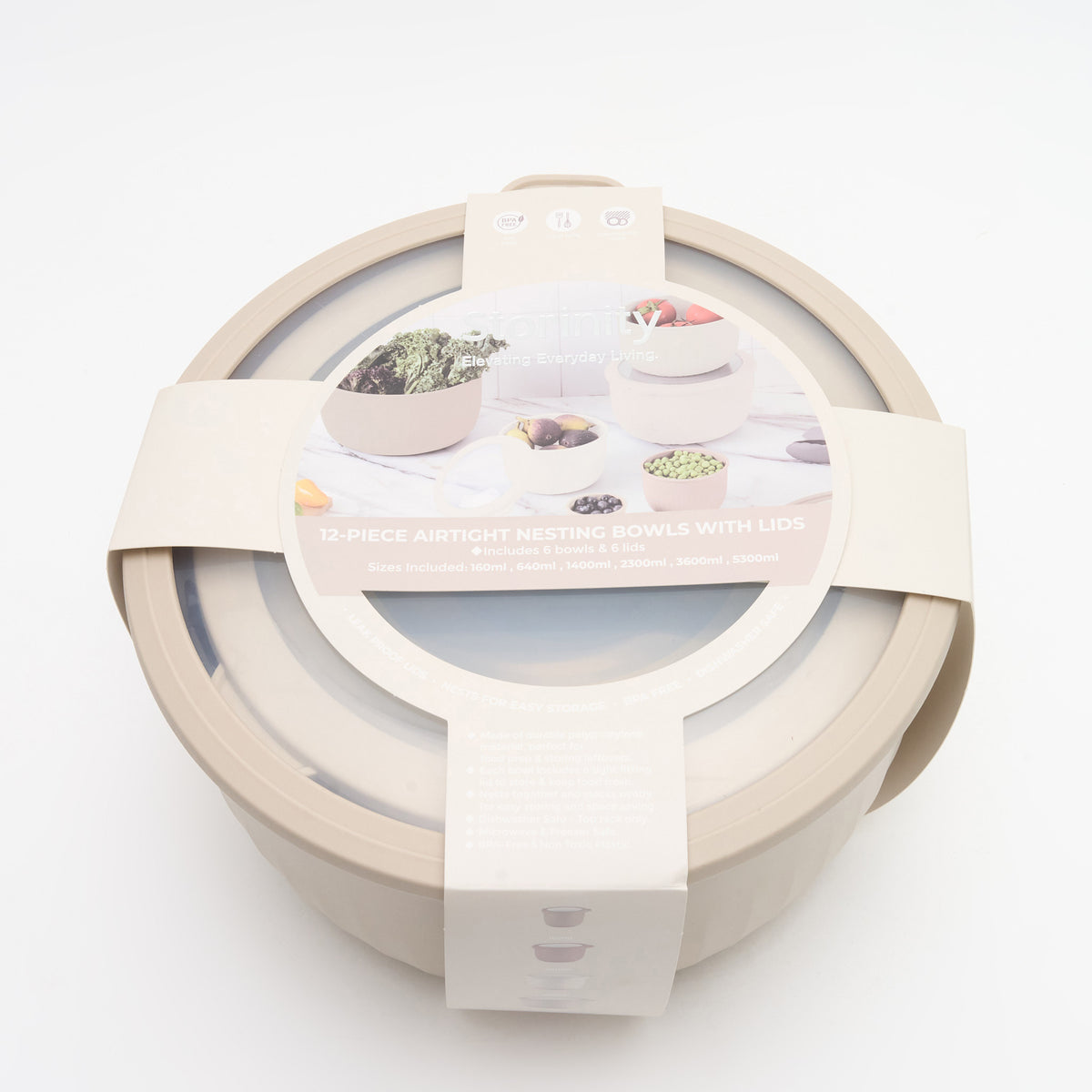 Packaged Storinity 12-Piece Airtight Nesting Bowls with Lids, with product label showing the six included sizes