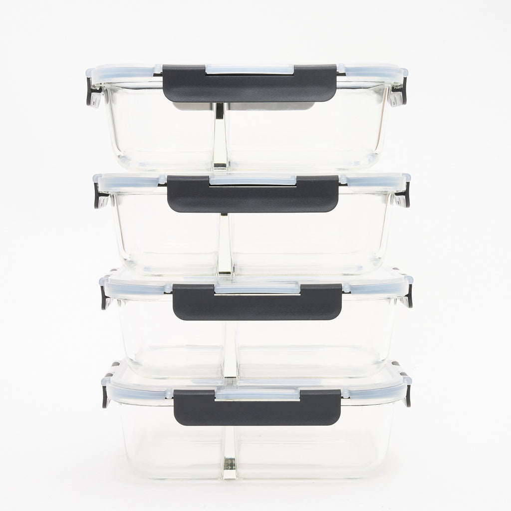 Stack of four empty Storinity 1500ml divided glass containers