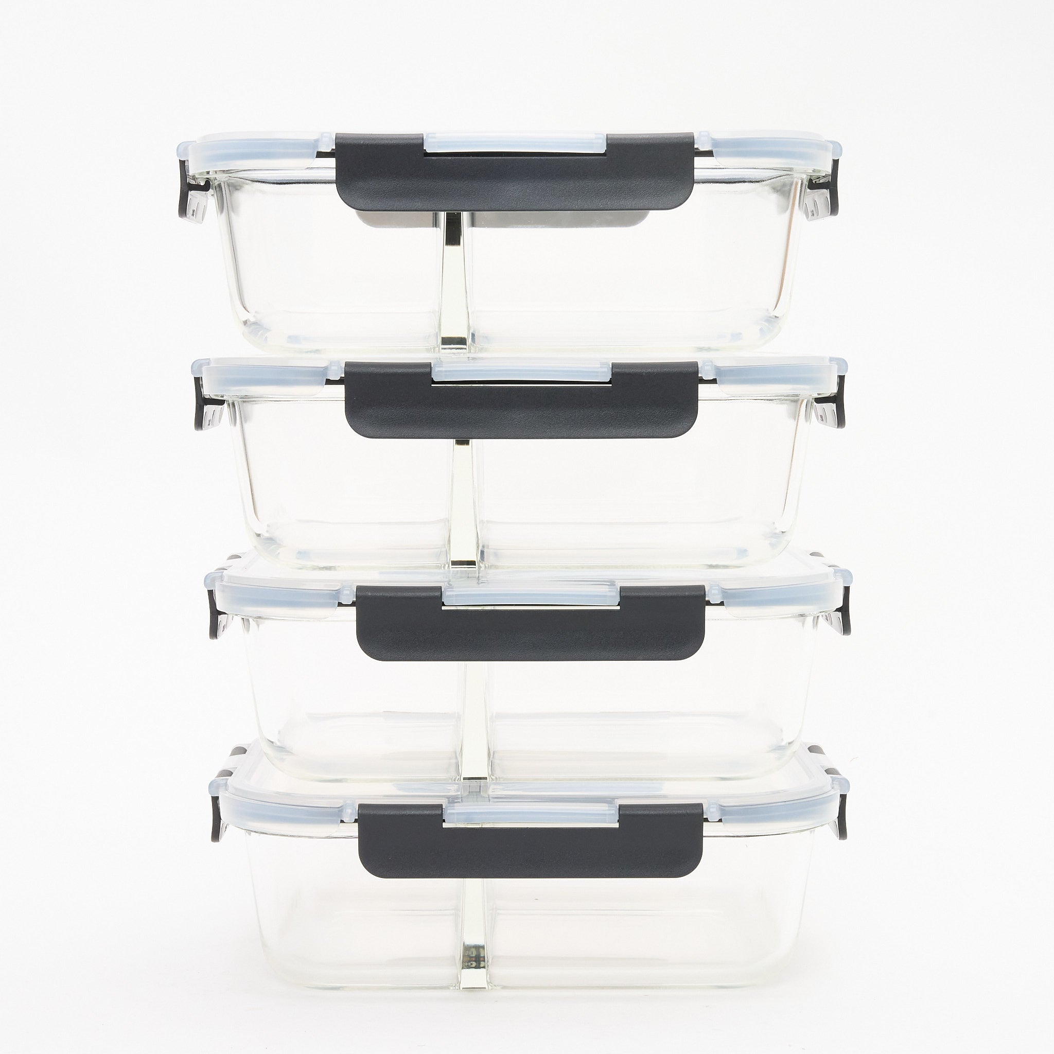 Stack of four empty Storinity 1500ml divided glass containers