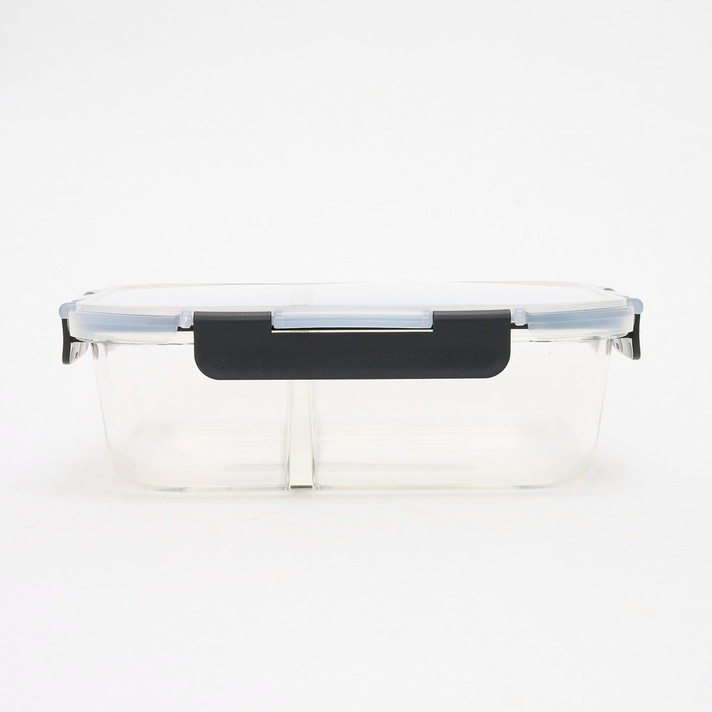 Empty Storinity divided glass container with locking lid closed, front view