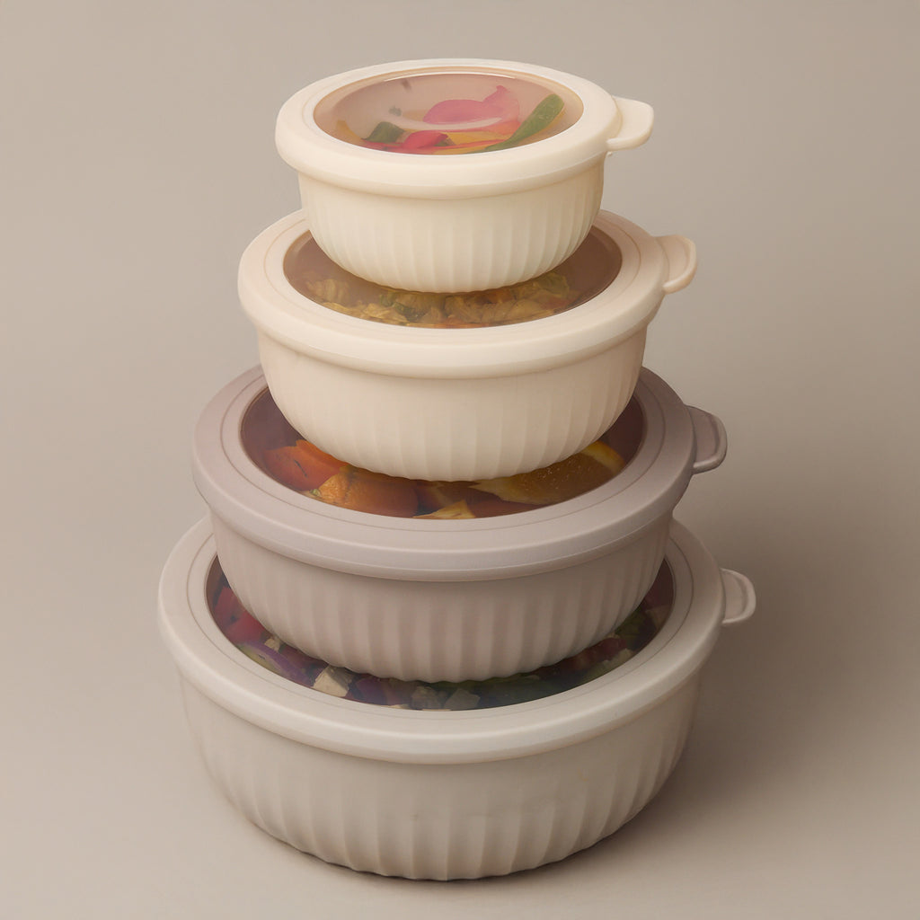 The four Storinity nesting bowls stacked with lids on, filled with colourful ingredients, on a beige background