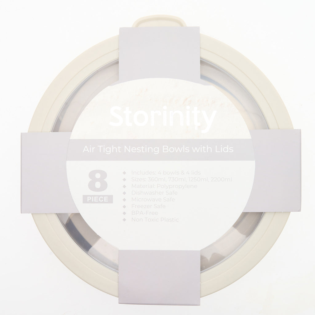 Packaged Storinity Air Tight Nesting Bowls with Lids, 8-piece set, with product label showing sizes and features