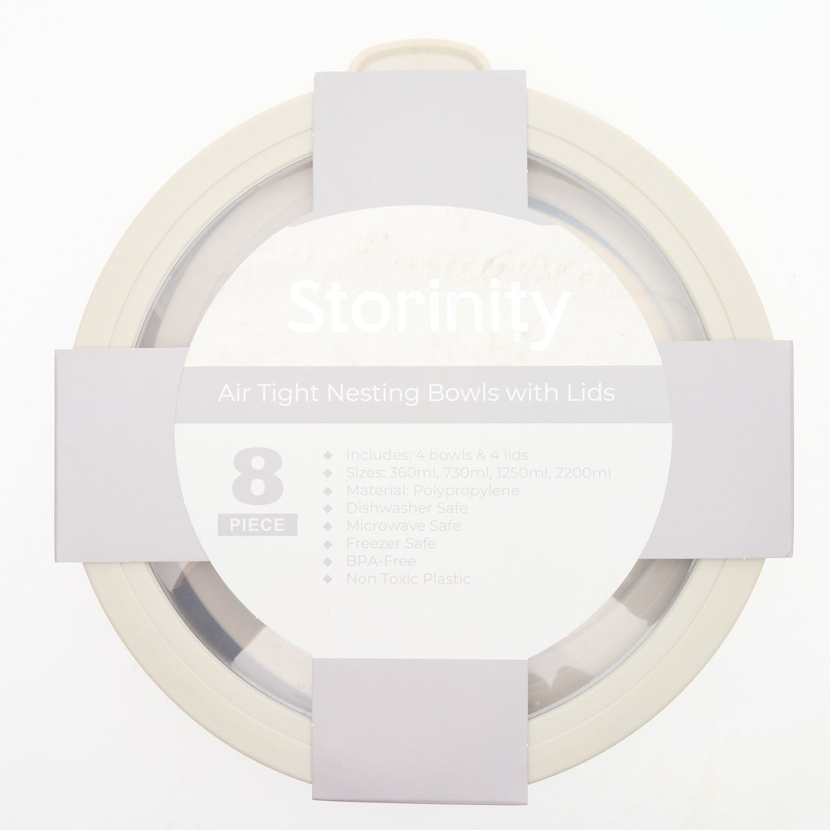 Packaged Storinity Air Tight Nesting Bowls with Lids, 8-piece set, with product label showing sizes and features