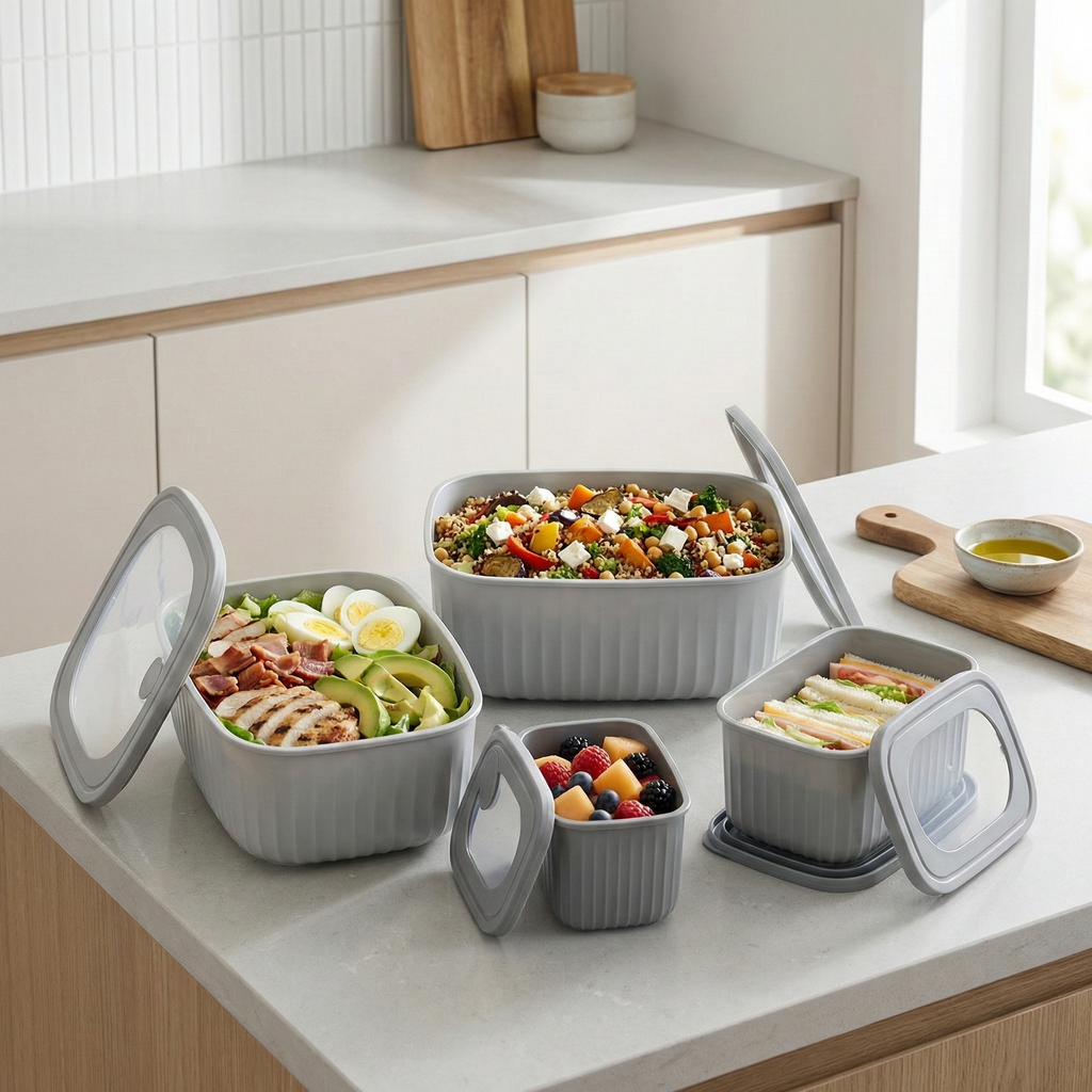 Grey Storinity rectangular nesting bowls filled with grain salad, cobb salad, berries and sandwiches on a kitchen counter