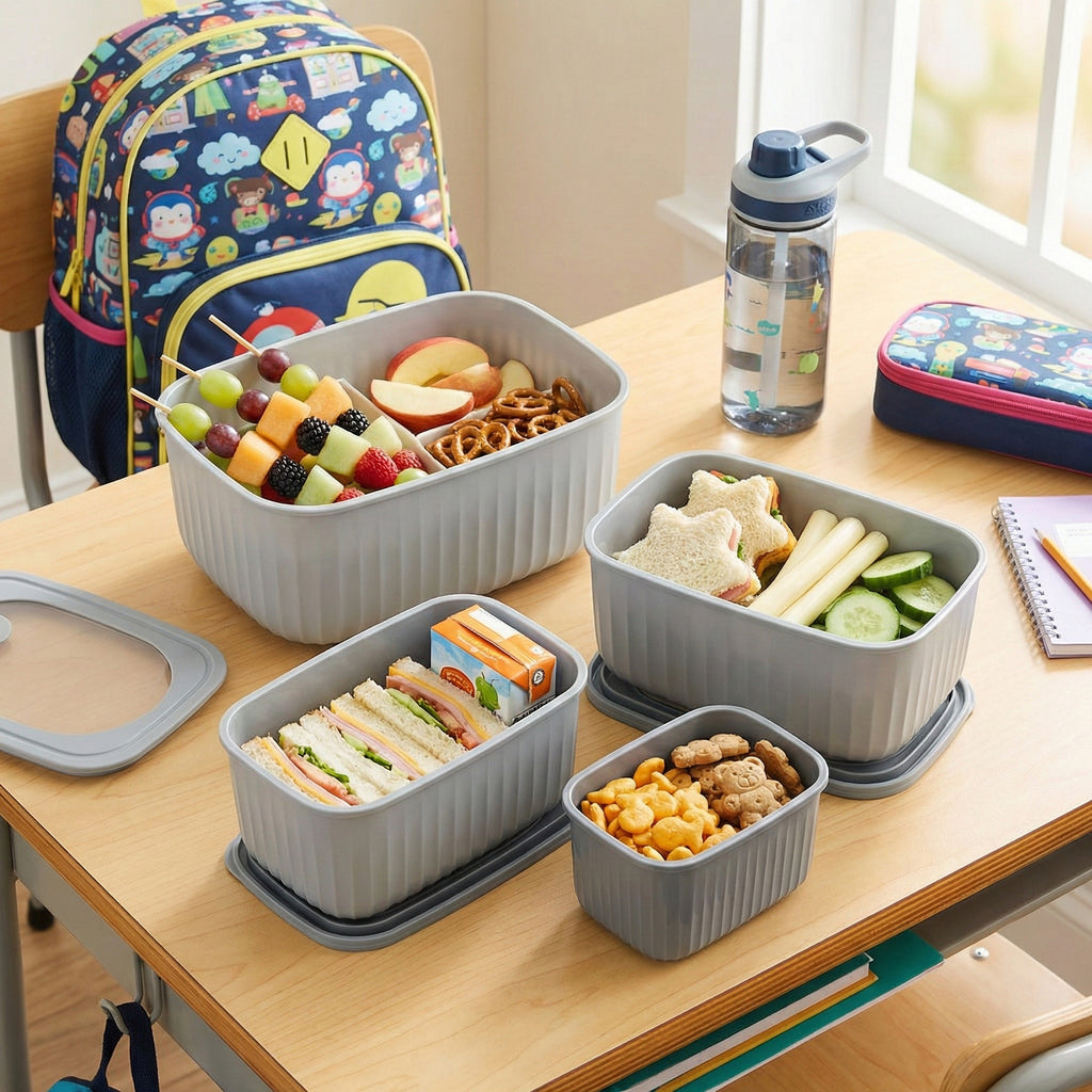 Grey Storinity rectangular nesting bowls filled with school lunch food on a desk with a backpack and water bottle