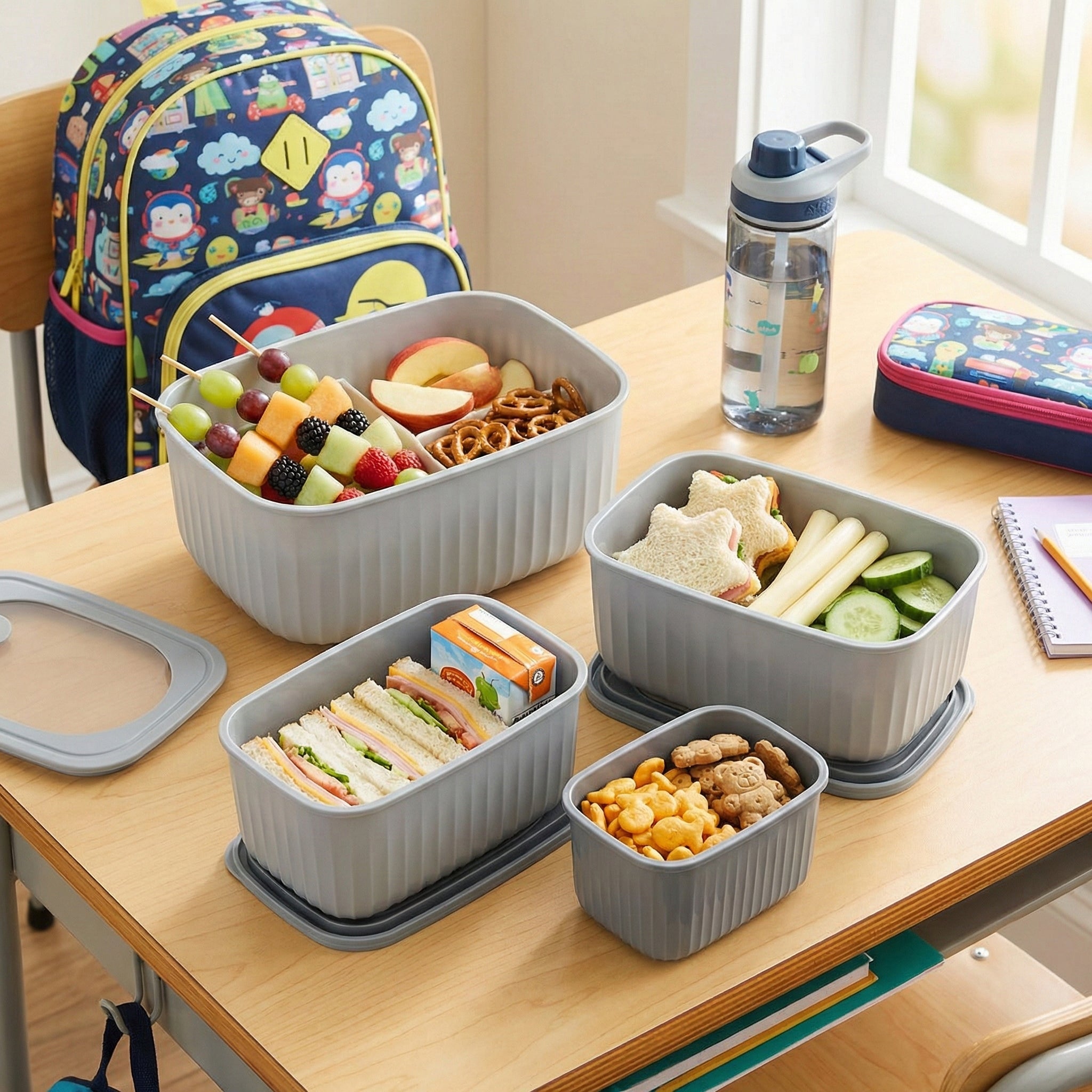 Grey Storinity rectangular nesting bowls filled with school lunch food on a desk with a backpack and water bottle