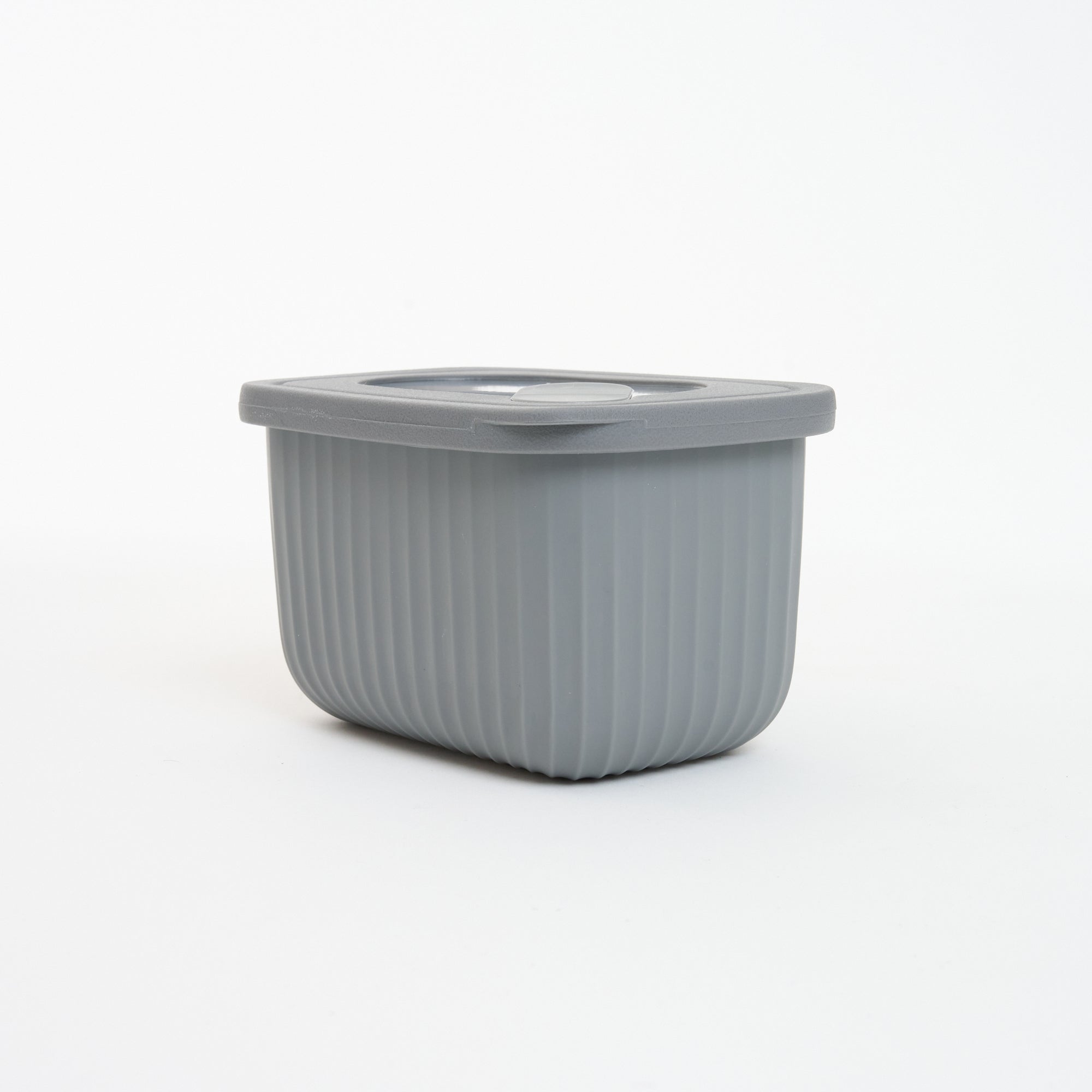 Empty grey Storinity rectangular bowl with locking lid closed, front view showing the vent button